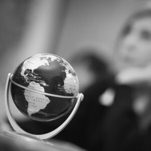 Black and white photo of a small globe