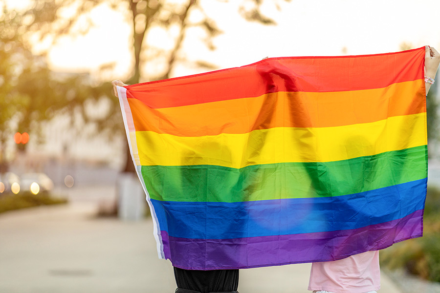 two students holding the rainbow flag