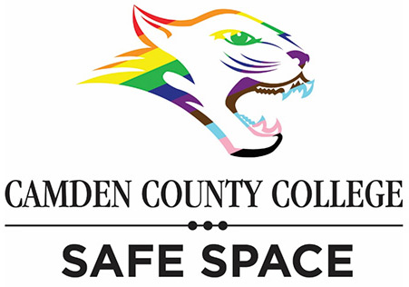 Camden County College Safe Space indicator featuring a rainbow cougar graphic